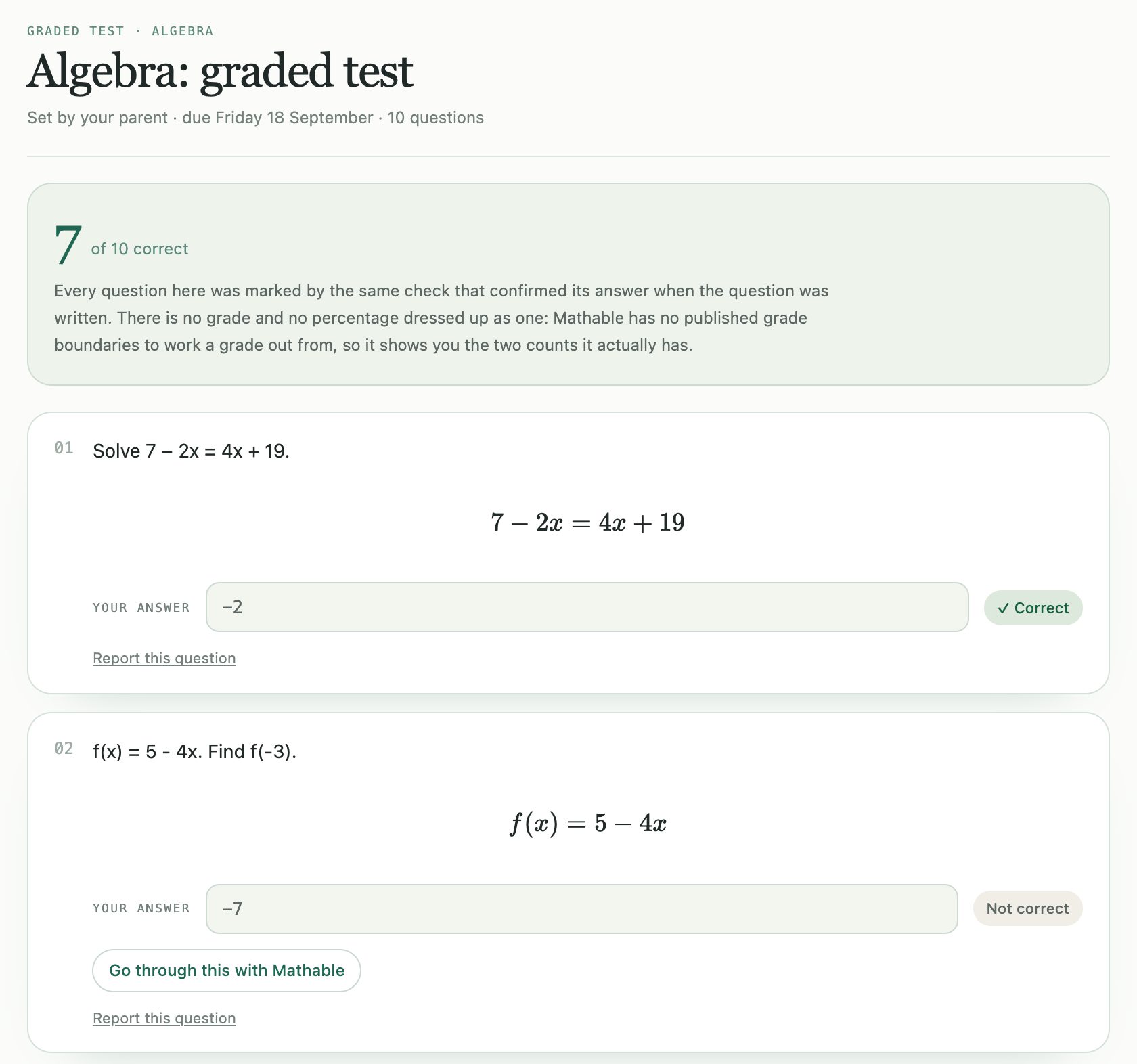 A marked Algebra test with 7 of 10 correct: the first answer is marked Correct, the second Not correct with a link to go through it
